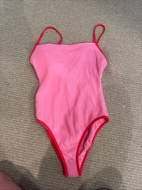 Pink One-Piece Swimsuit with Red Trim
